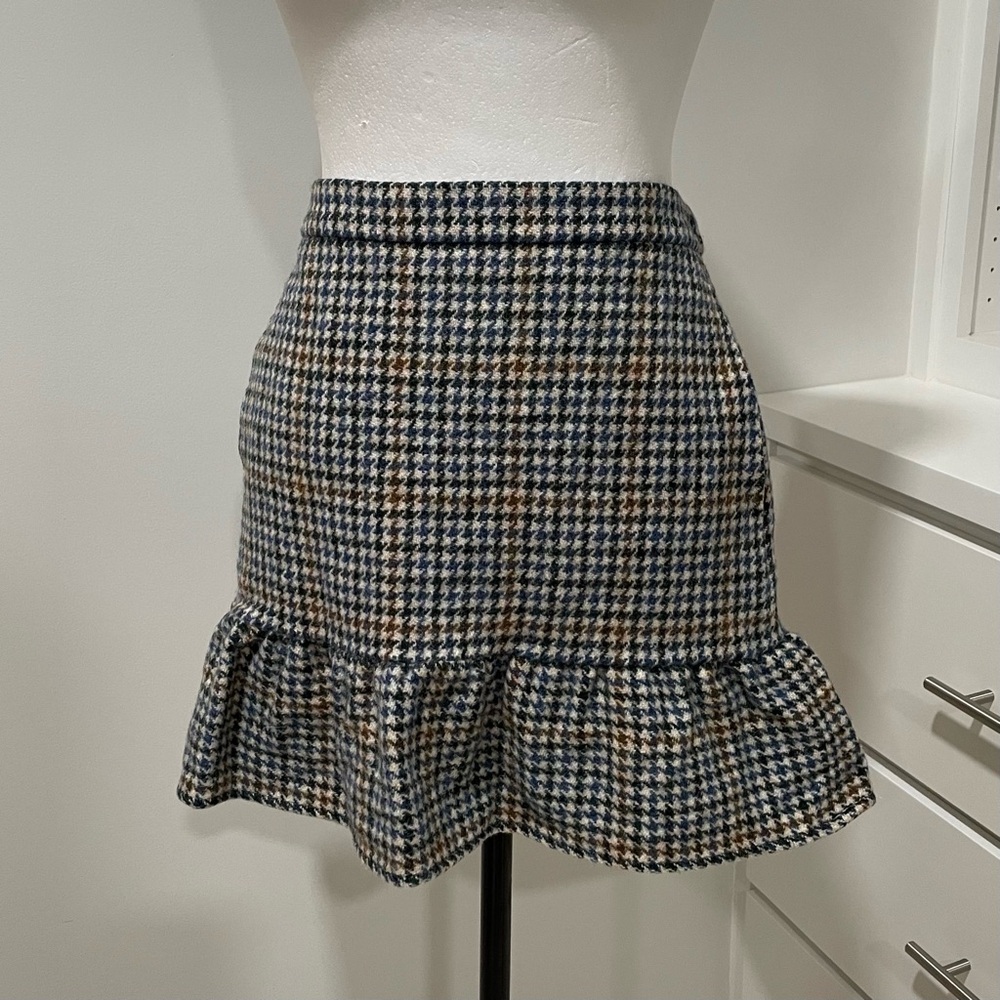 J Crew 100 % Wool Houndstooth Blue Gold Skirt Business Casual Fall Winter Ruffle
